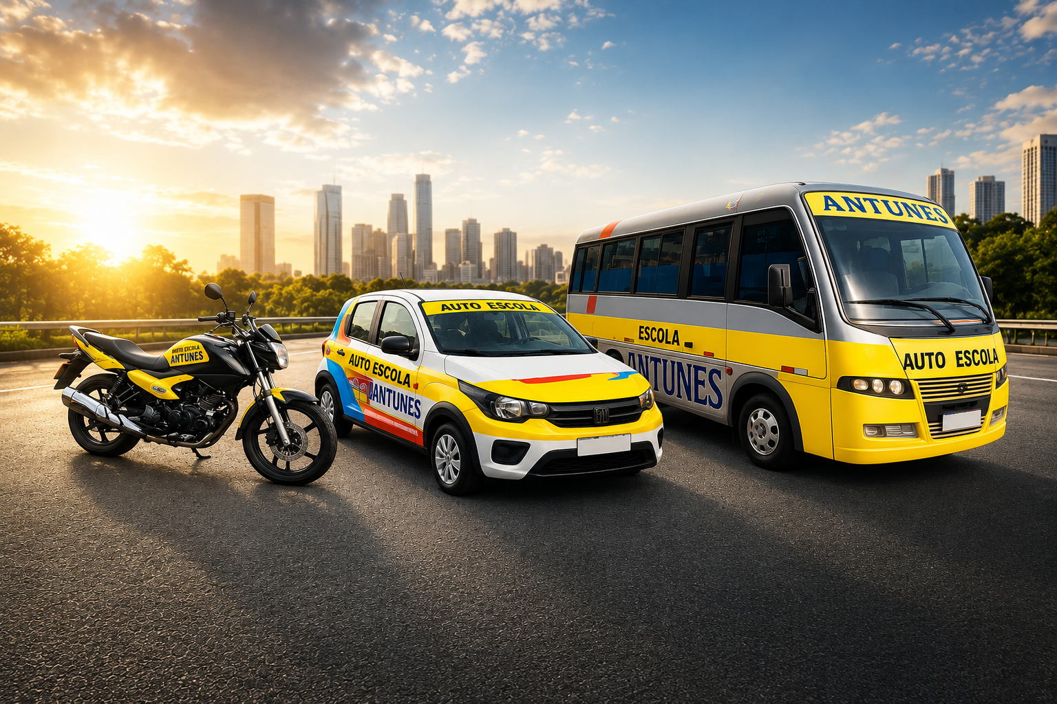 Frota oficial da Auto Escola Antunes: moto, carro e micro-ônibus